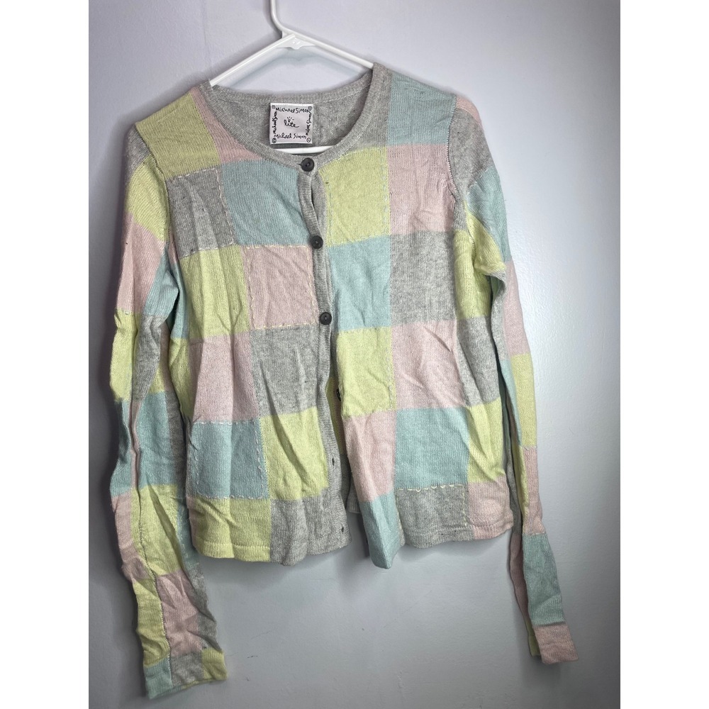 Michael Simon Lite Patchwork Cardigan Sweater Pastel Grid Button Up Long Sleeve